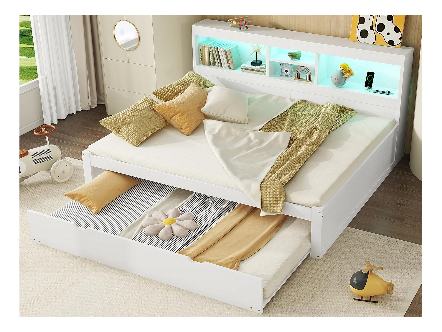 Lit banquette 140x200cm avec un lit gigogne 90x190cm - chevet de rangment avec LED et prises - Blanc