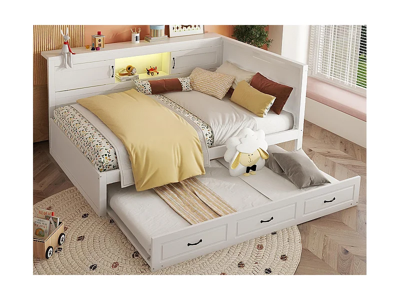 140x200cm Tagesbett mit LED und Steckdosen - mit 90x190cm Ausziehbett - Weiß
