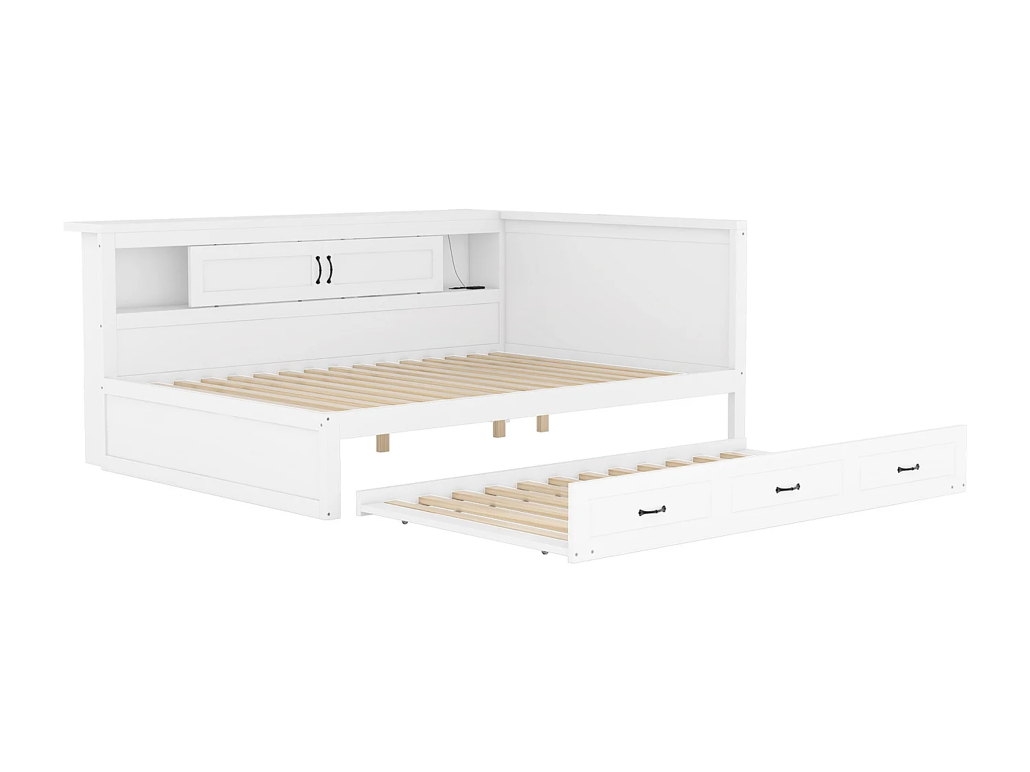 Łóżko banquette 140x200cm z LED i gniazdkami - z łóżkiem wysuwanym 90x190cm - Białe