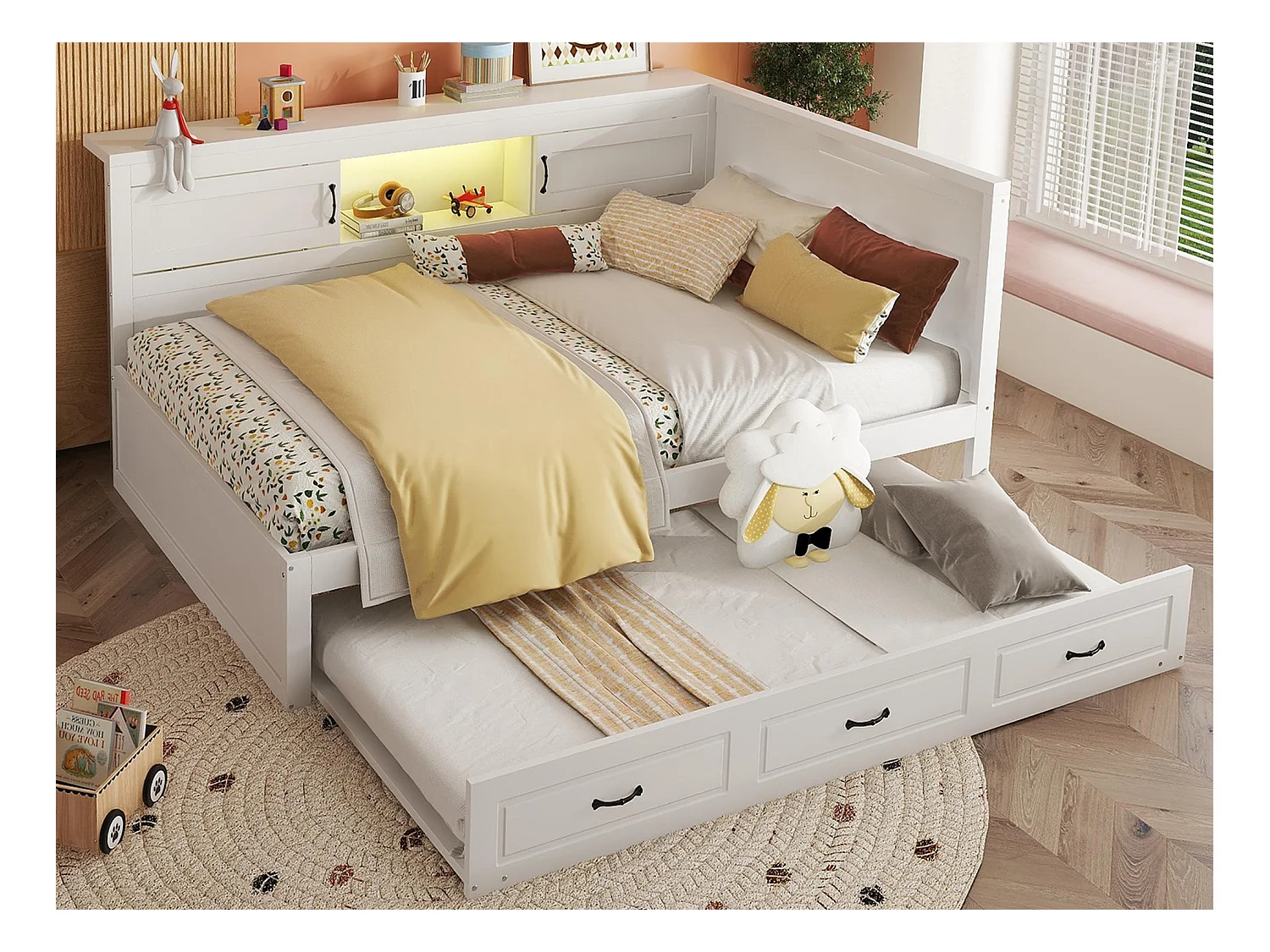 Lit banquette 140x200cm avec LED et prises - avec un lit gigogne 90x190cm - Blanc