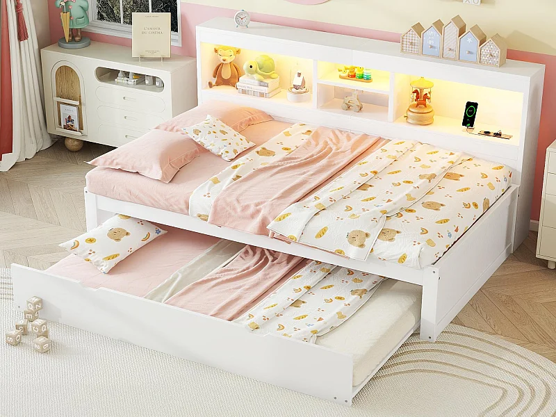 Cama de dia de 90x200cm com cama individual de 90x190cm - mesa de cabeceira com arrumação, LED e tomadas - Branco