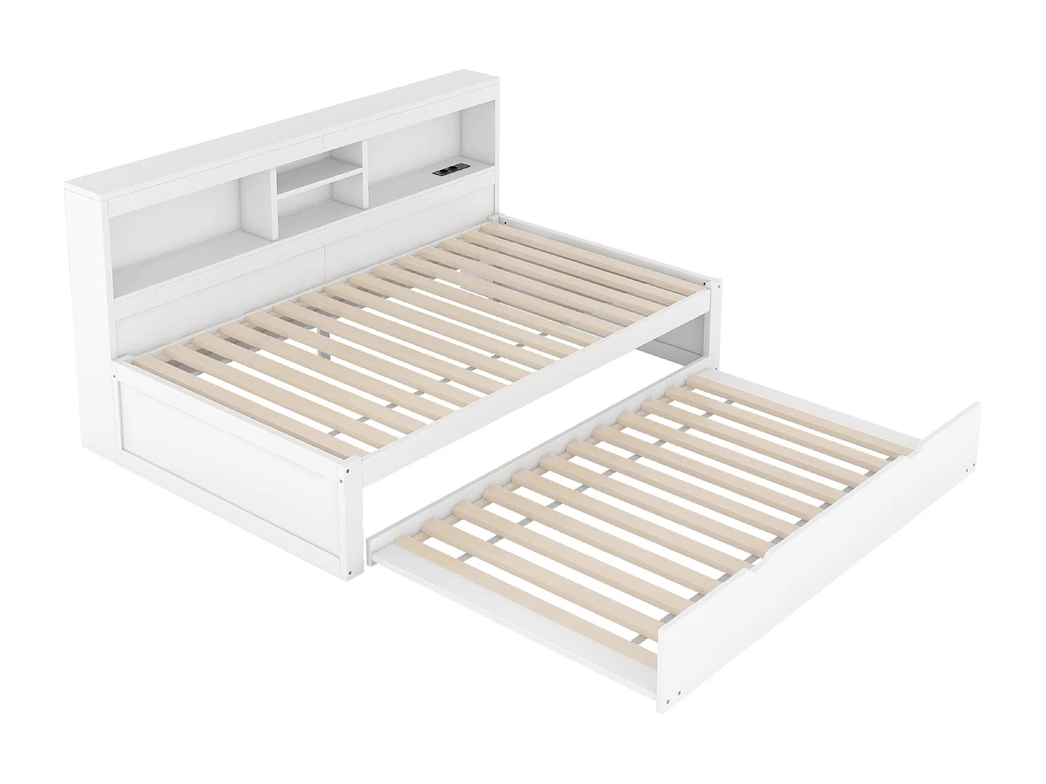 Lit banquette 90x200cm avec un lit gigogne 90x190cm - chevet de rangment avec LED et prises - Blanc