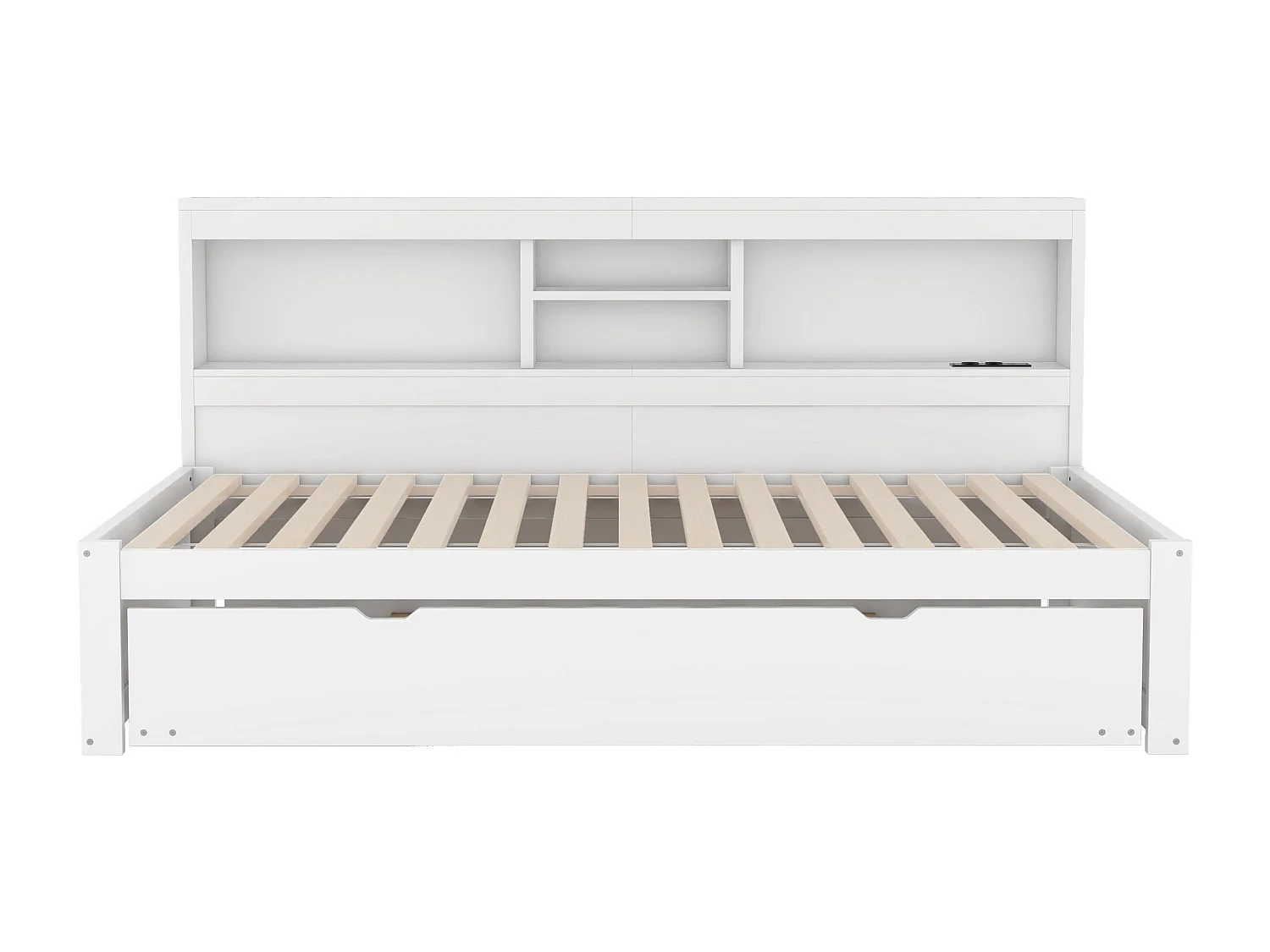 Lit banquette 90x200cm avec un lit gigogne 90x190cm - chevet de rangment avec LED et prises - Blanc