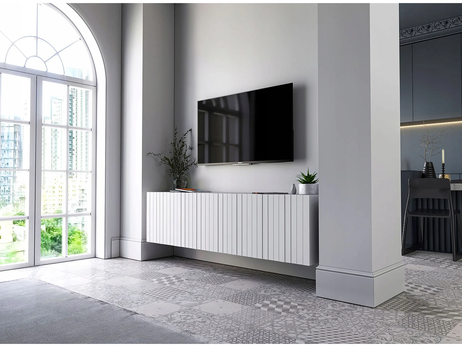 Meuble TV avec 4 portes - Corps blanc mat, façades rainurées blanc mat - 150 cm