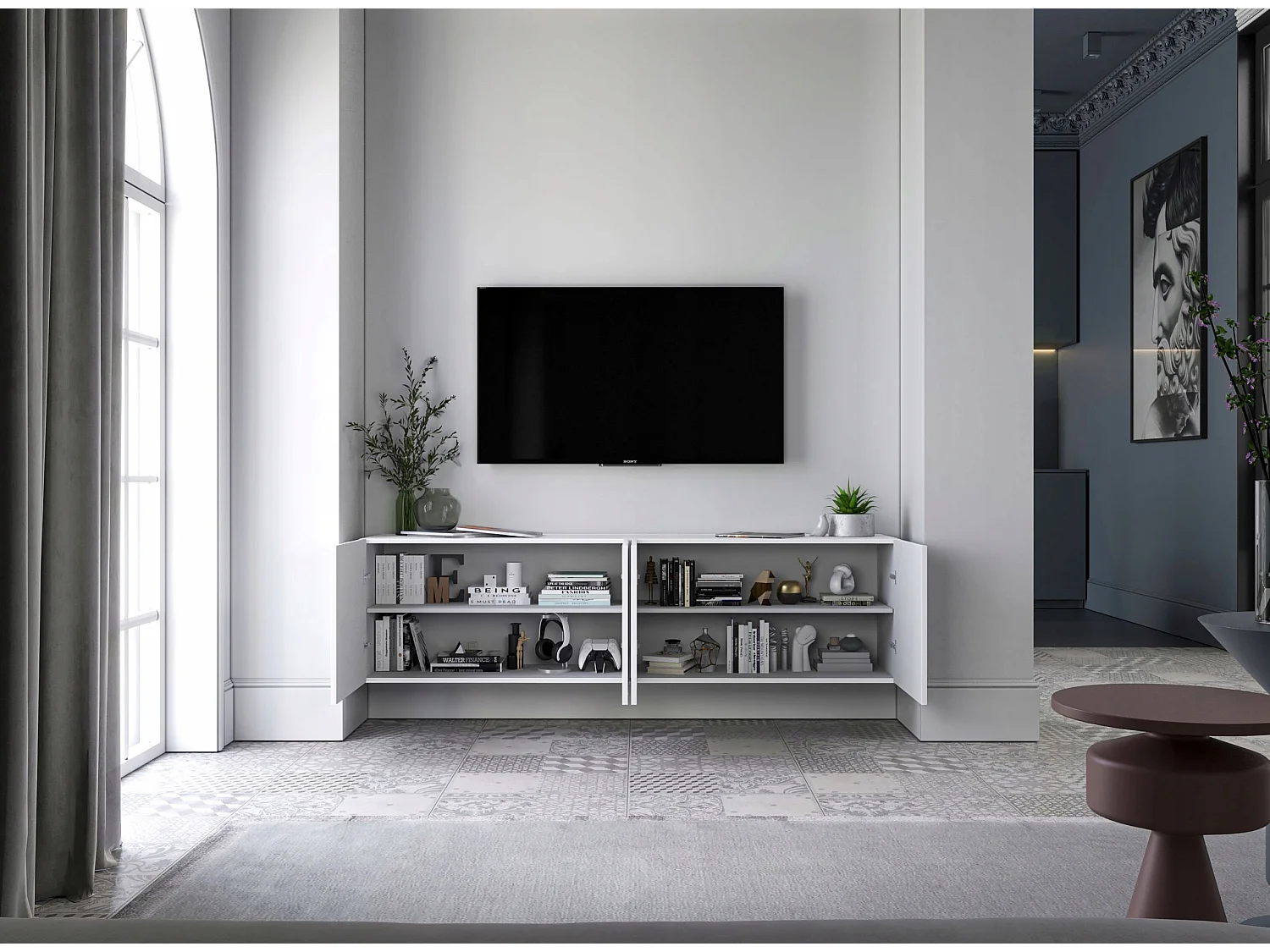 Meuble TV avec 4 portes - Corps blanc mat, façades rainurées blanc mat - 150 cm