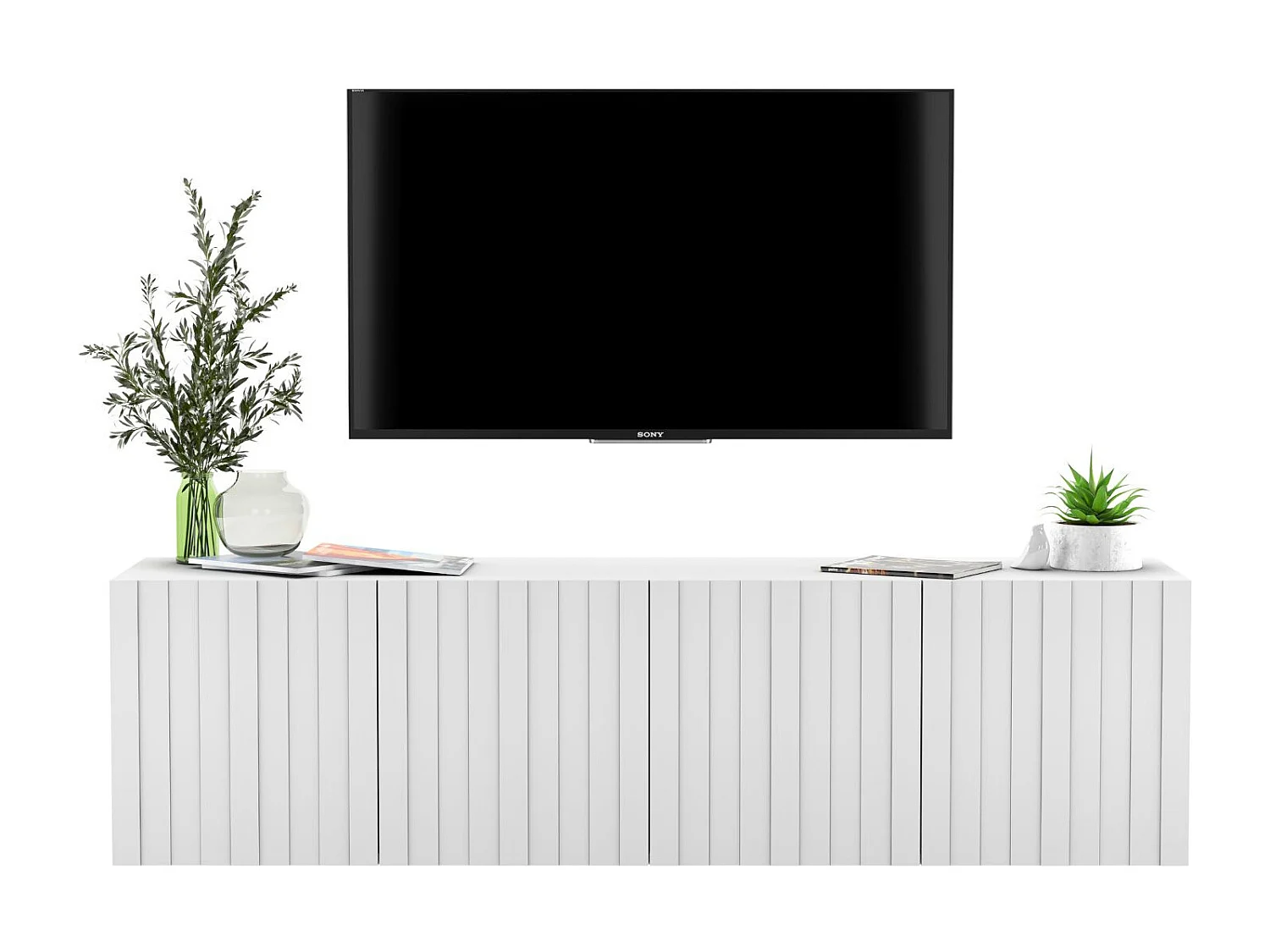Mueble de TV con 4 puertas - Cuerpo blanco mate, frentes ranurados blanco mate - 150 cm
