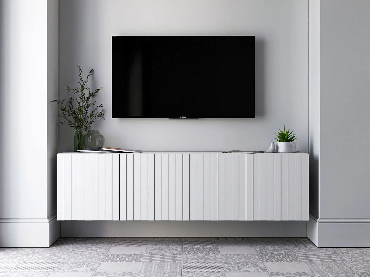 Mueble de TV con 4 puertas - Cuerpo blanco mate, frentes ranurados blanco mate - 150 cm