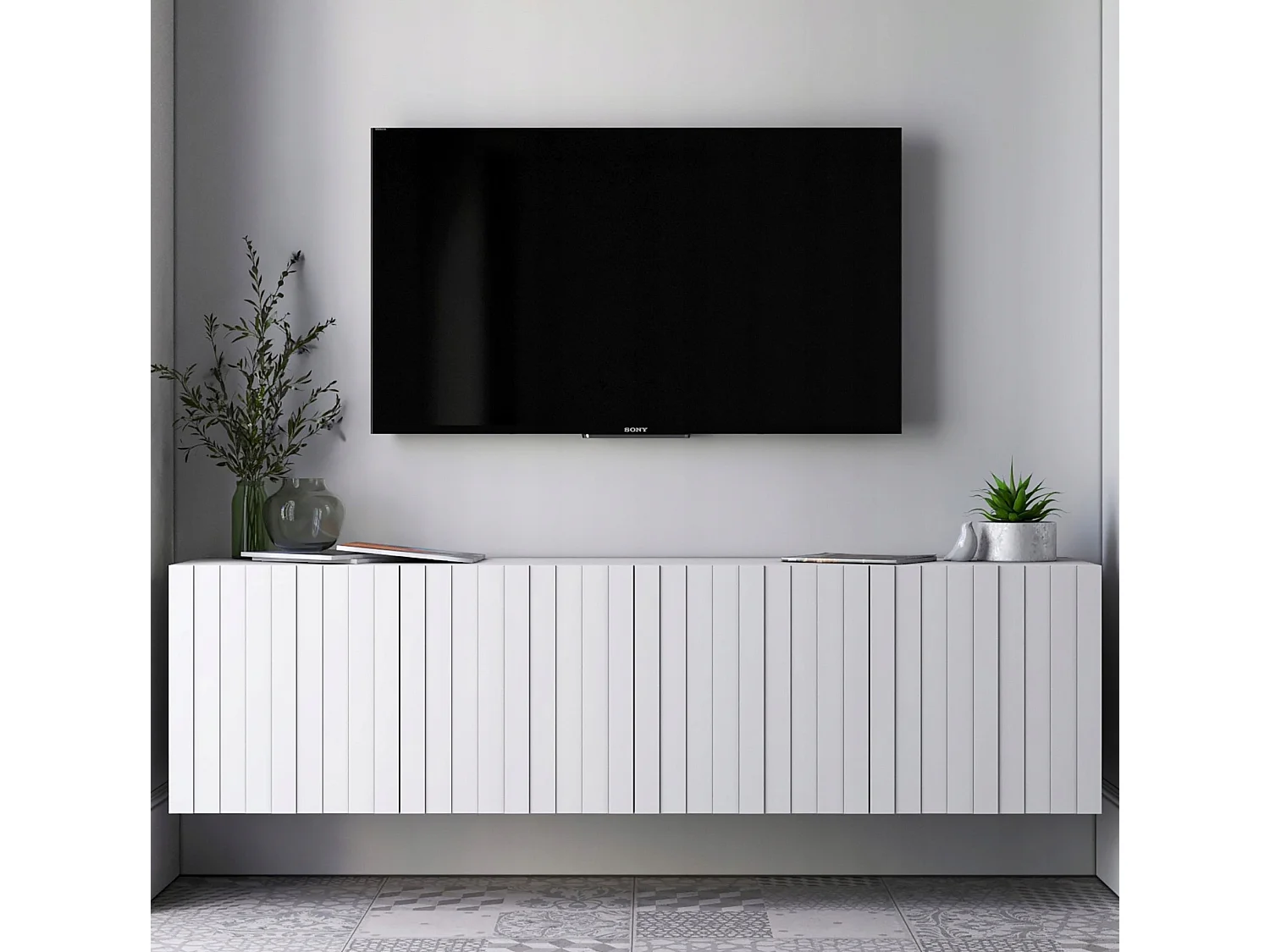 Mueble de TV con 4 puertas - Cuerpo blanco mate, frentes ranurados blanco mate - 150 cm