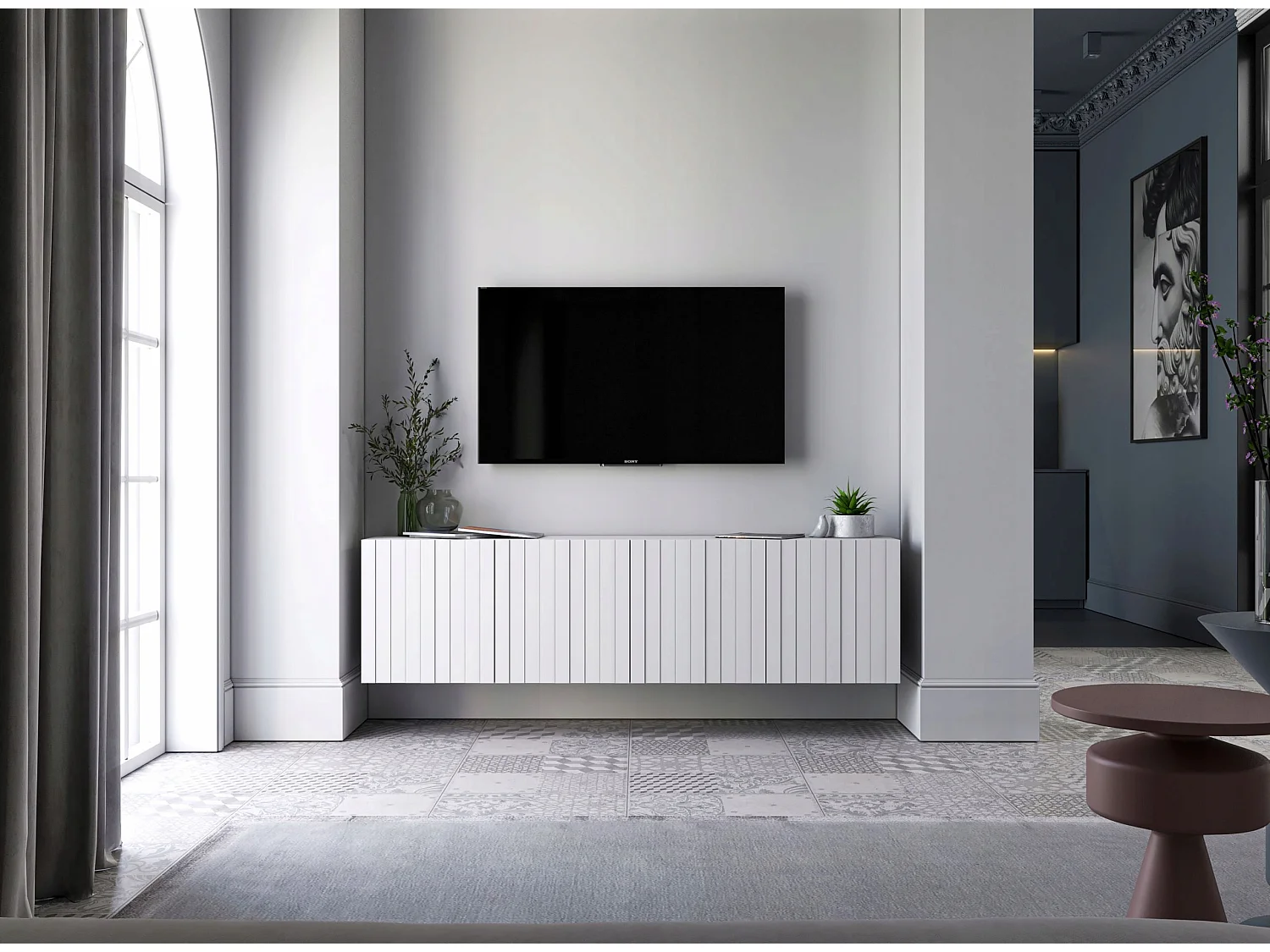 Mueble de TV con 4 puertas - Cuerpo blanco mate, frentes ranurados blanco mate - 150 cm
