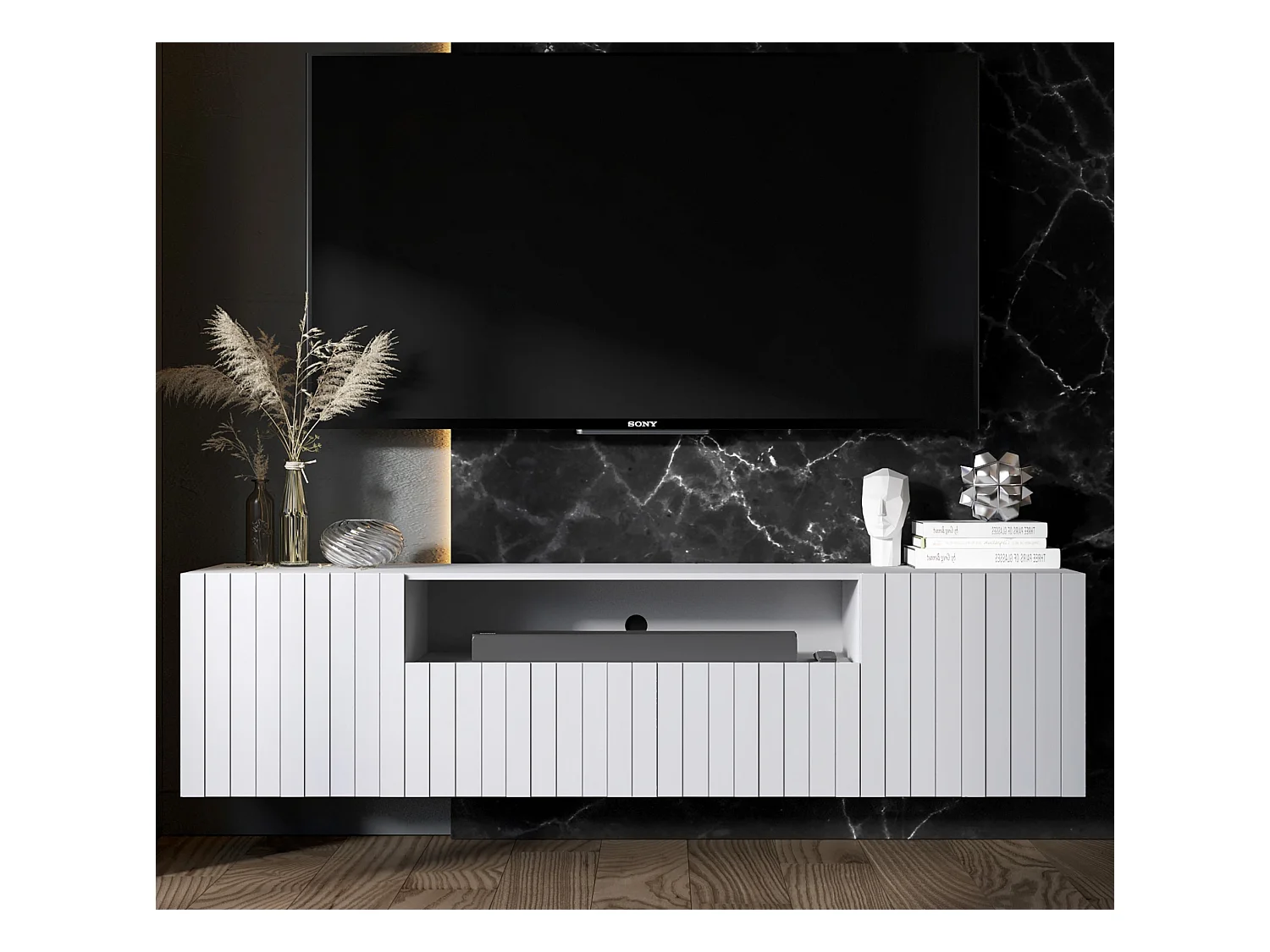 Meuble TV avec 3 portes et niche - Corps Blanc mat, façades rainurées Blanc mat - 150 cm
