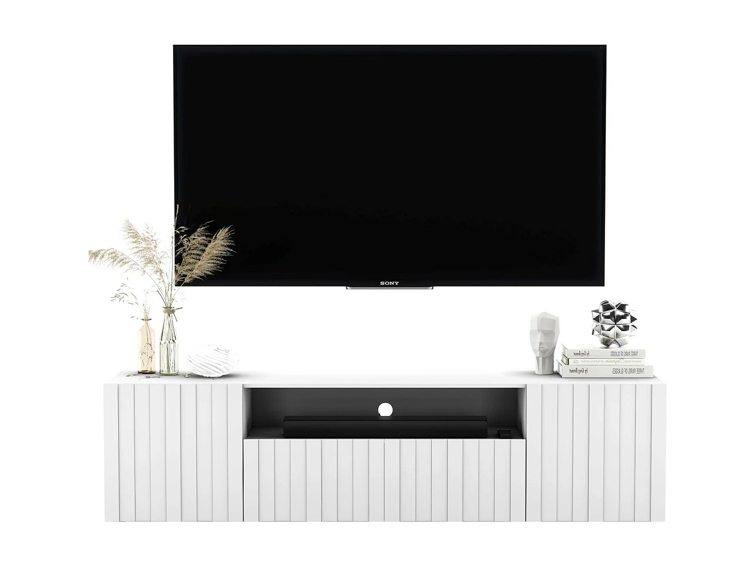 Meuble TV avec 3 portes et niche - Corps Blanc mat, façades rainurées Blanc mat - 150 cm