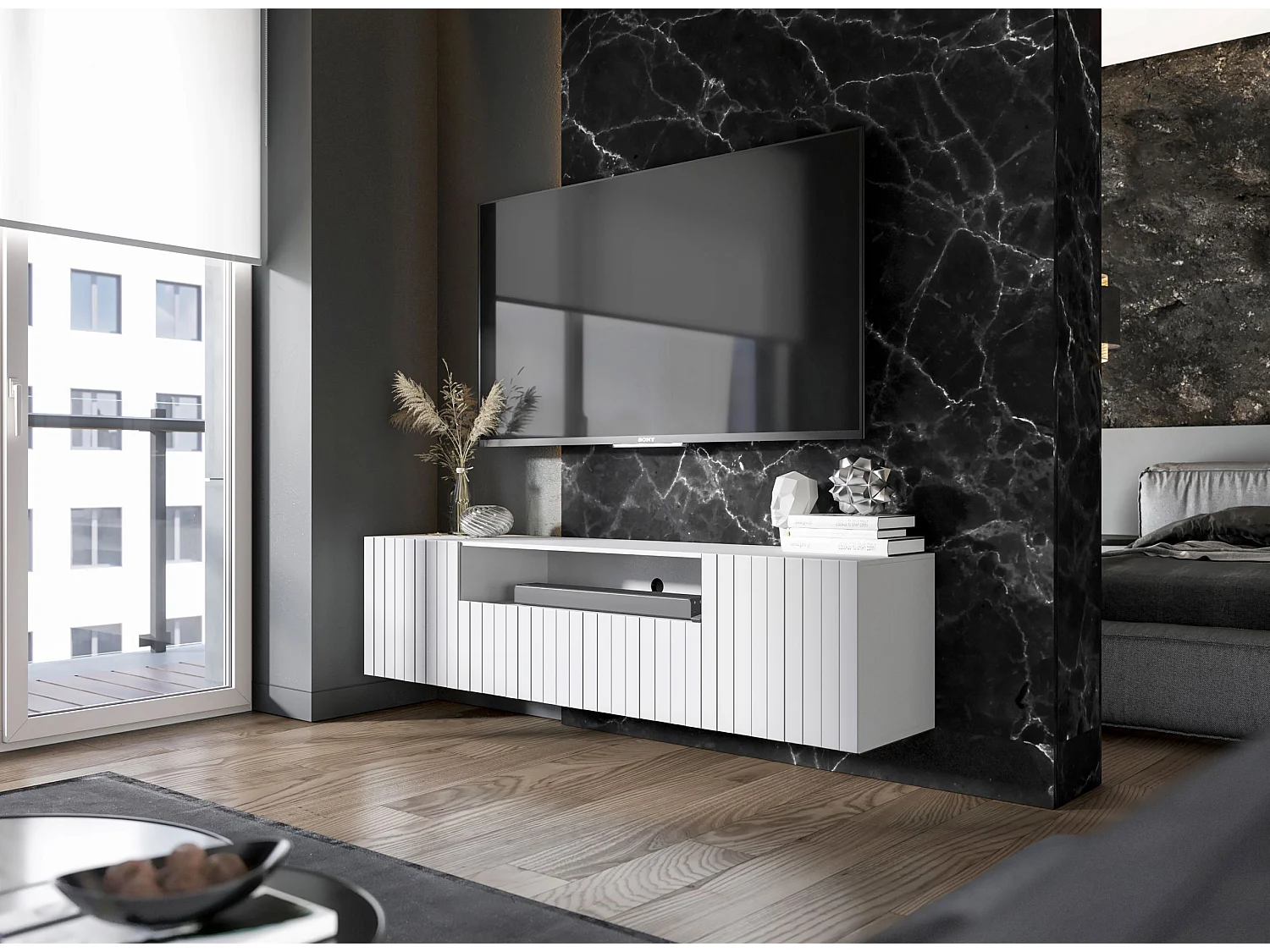 Meuble TV avec 3 portes et niche - Corps Blanc mat, façades rainurées Blanc mat - 150 cm