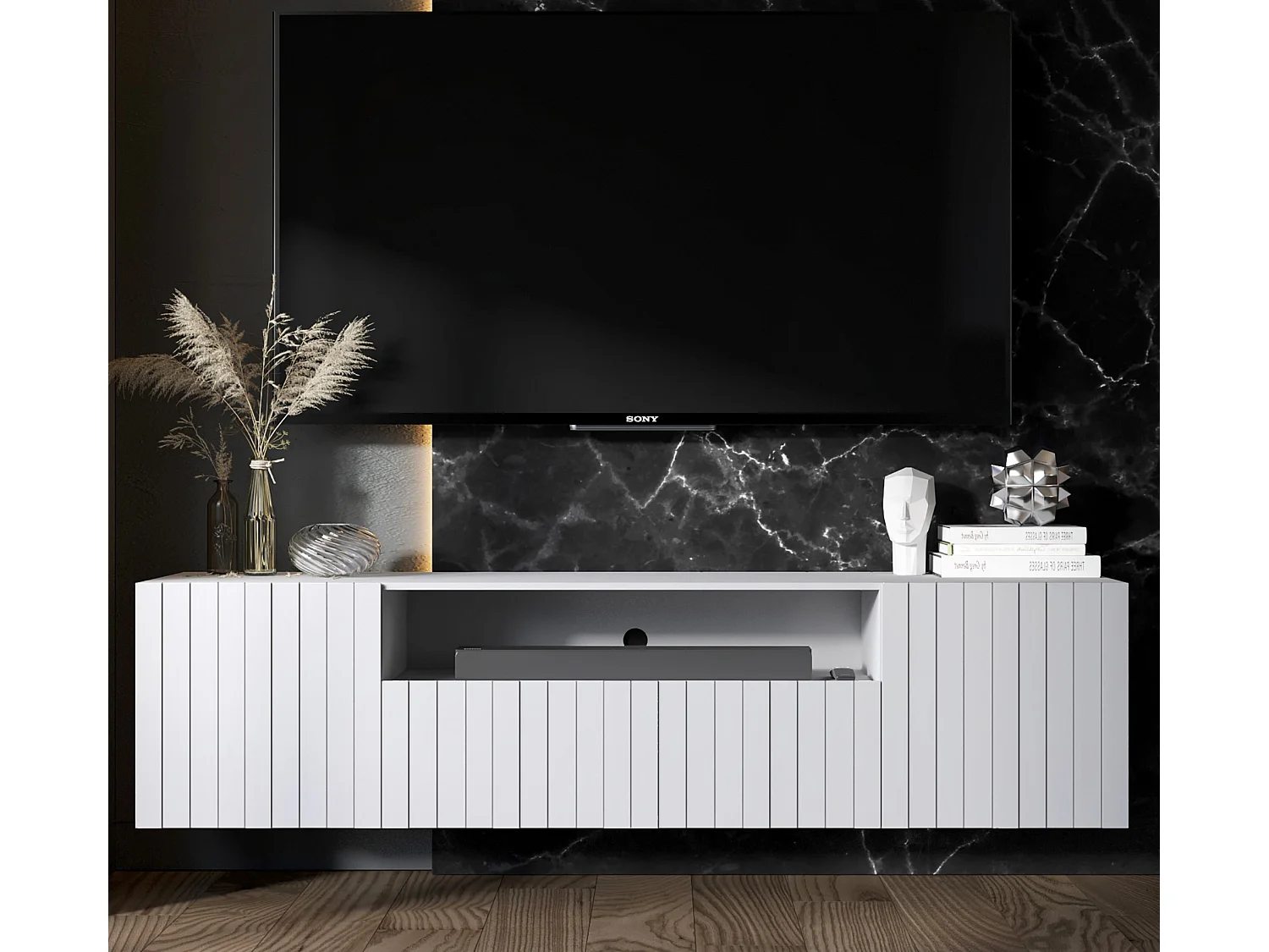 Meuble TV avec 3 portes et niche - Corps Blanc mat, façades rainurées Blanc mat - 150 cm