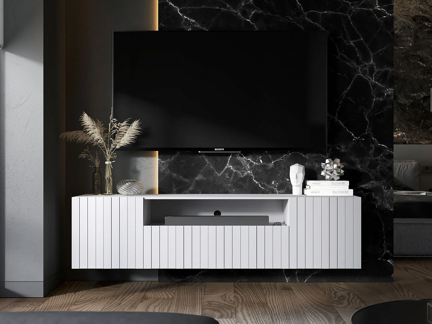 Meuble TV avec 3 portes et niche - Corps Blanc mat, façades rainurées Blanc mat - 150 cm