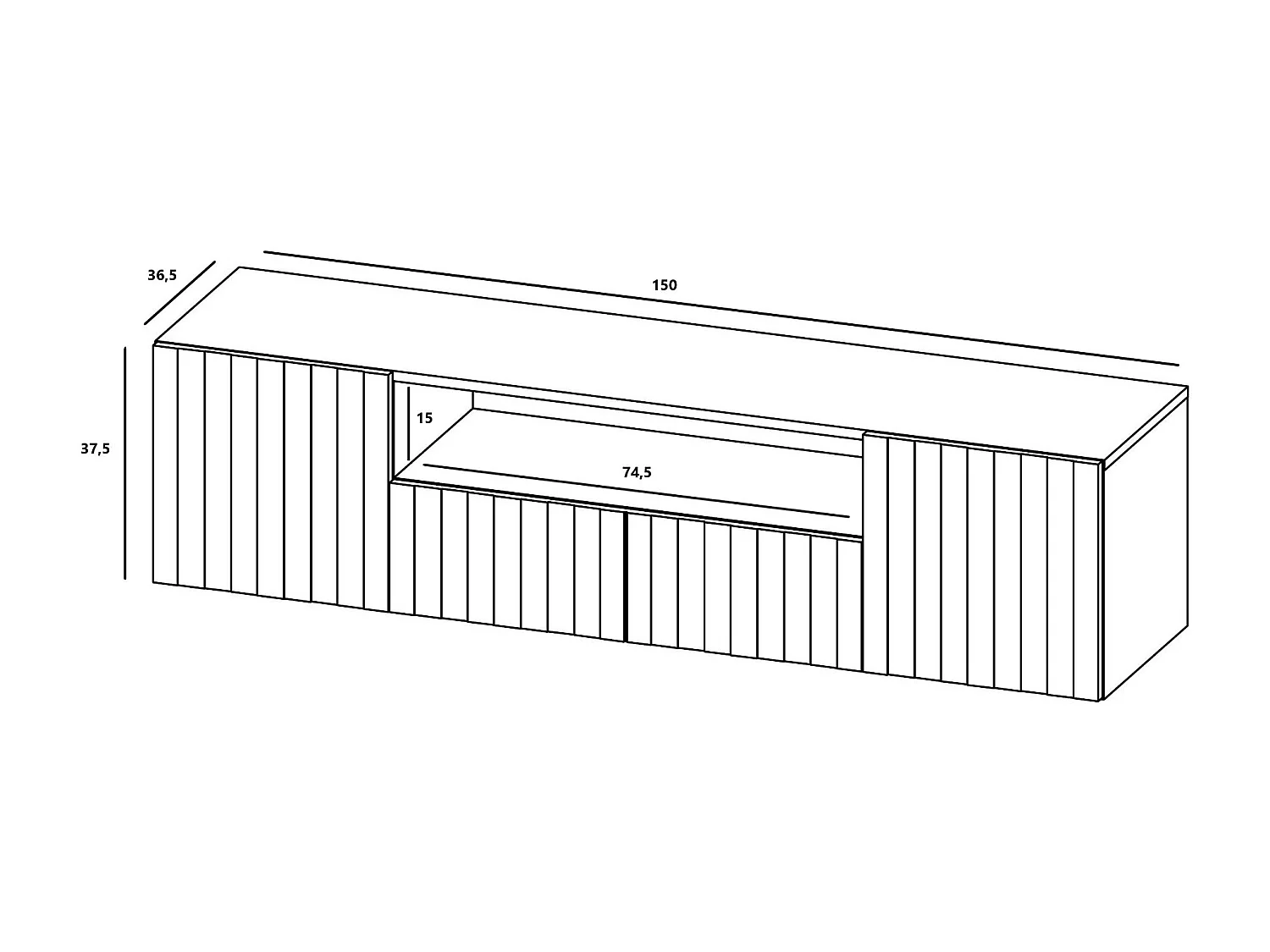 Meuble TV avec 3 portes et niche - Corps Blanc mat, façades rainurées Blanc mat - 150 cm