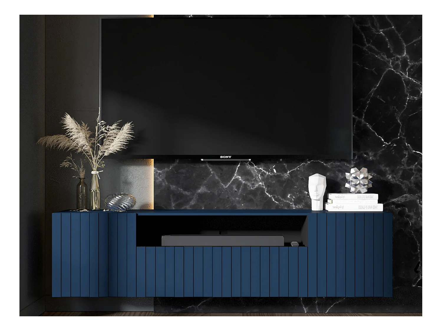 Meuble TV avec 3 portes et niche - Corps bleu marine mat, façades rainurées bleu marine mat - 150 cm