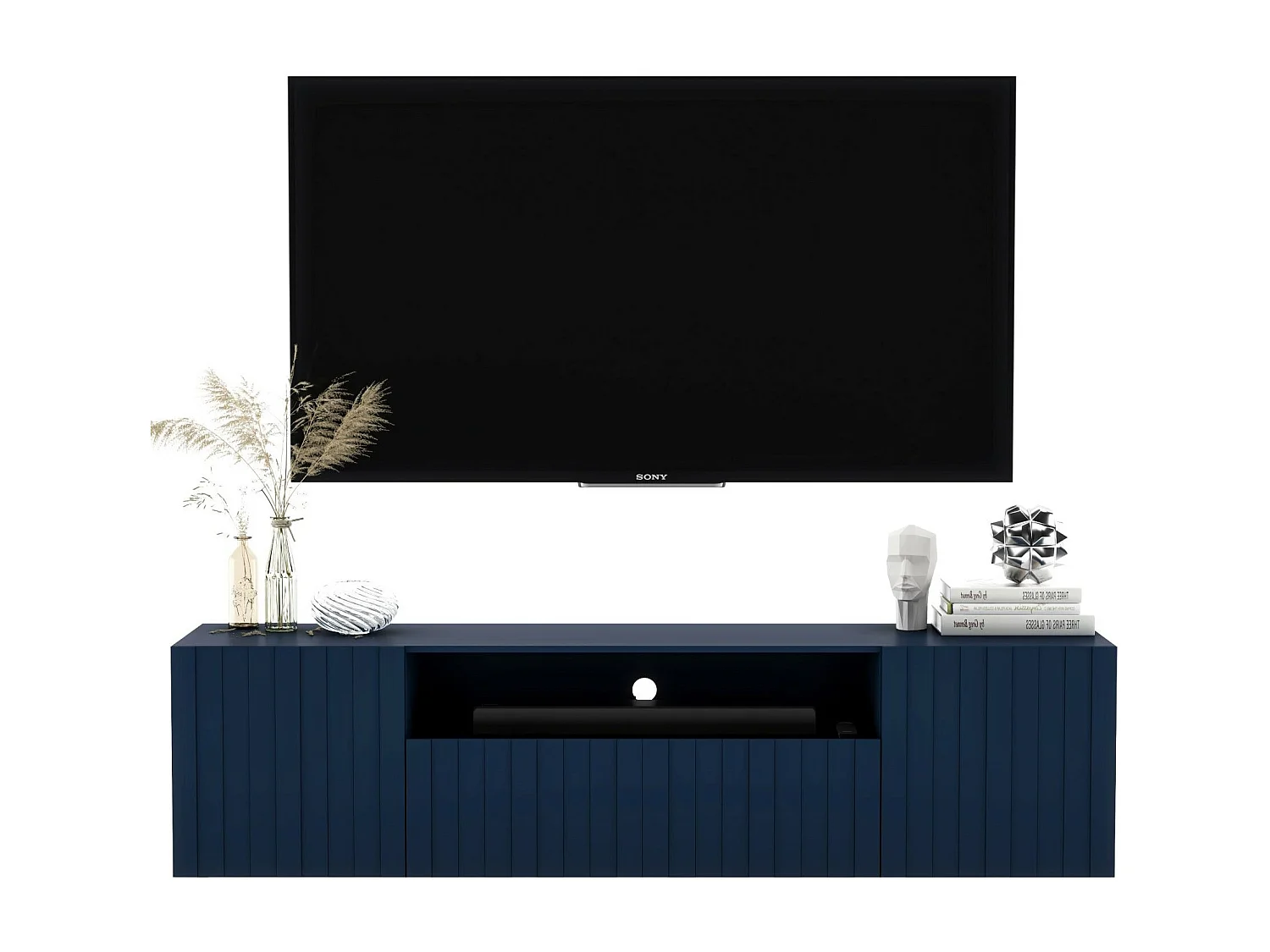 Meuble TV avec 3 portes et niche - Corps bleu marine mat, façades rainurées bleu marine mat - 150 cm