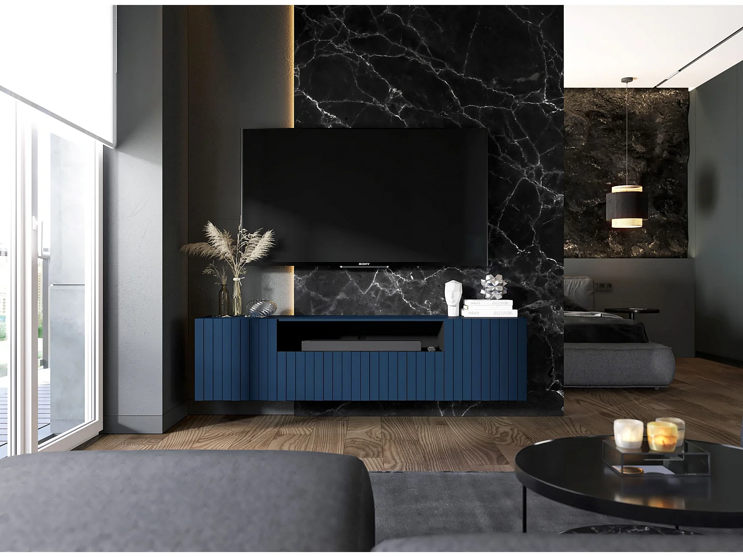 Meuble TV avec 3 portes et niche - Corps bleu marine mat, façades rainurées bleu marine mat - 150 cm