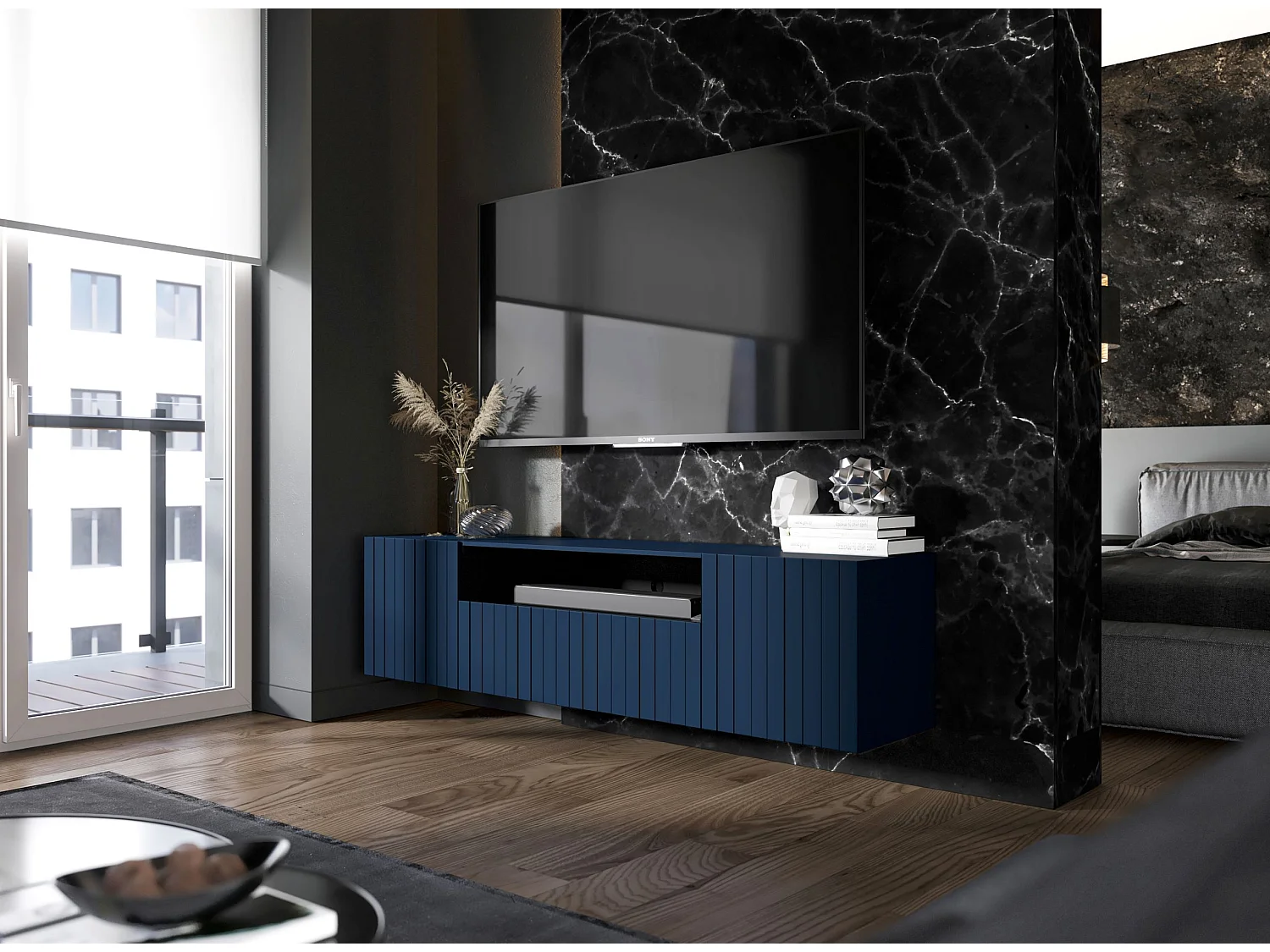 Meuble TV avec 3 portes et niche - Corps bleu marine mat, façades rainurées bleu marine mat - 150 cm