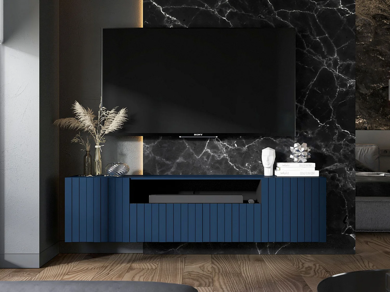 Meuble TV avec 3 portes et niche - Corps bleu marine mat, façades rainurées bleu marine mat - 150 cm