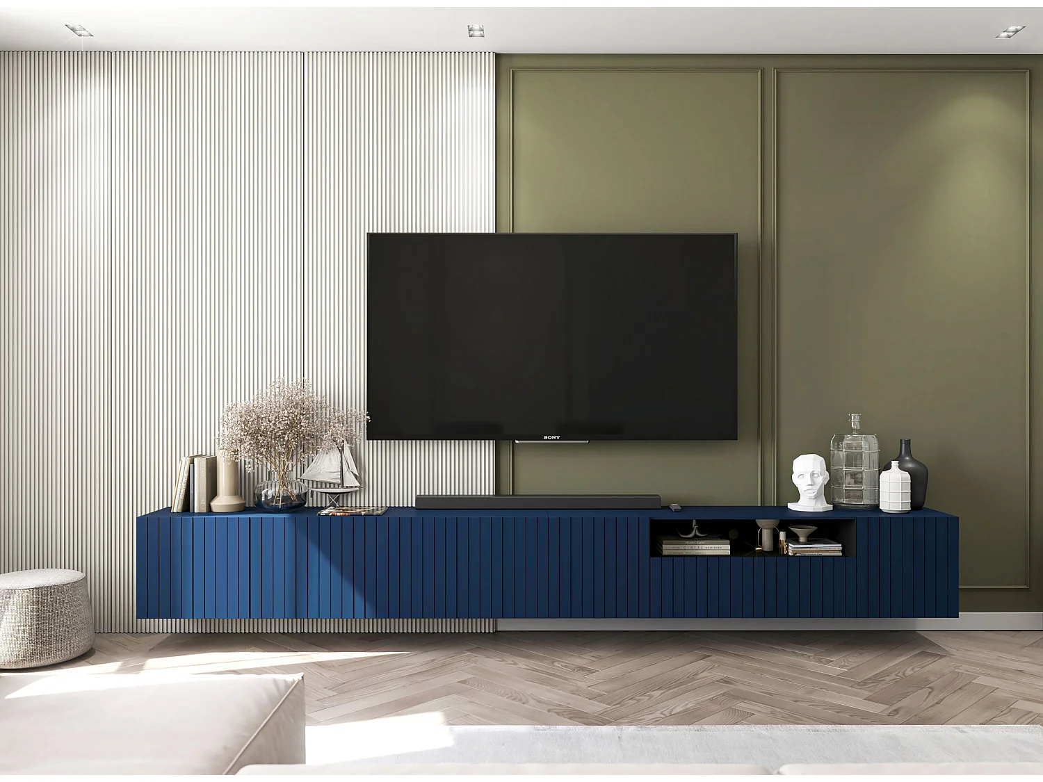 Meuble TV avec 3 portes et niche - Corps bleu marine mat, façades rainurées bleu marine mat - 150 cm