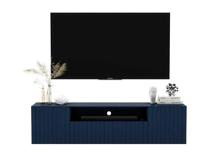 Meuble TV avec 3 portes et niche - Corps bleu marine mat, façades rainurées bleu marine mat - 150 cm