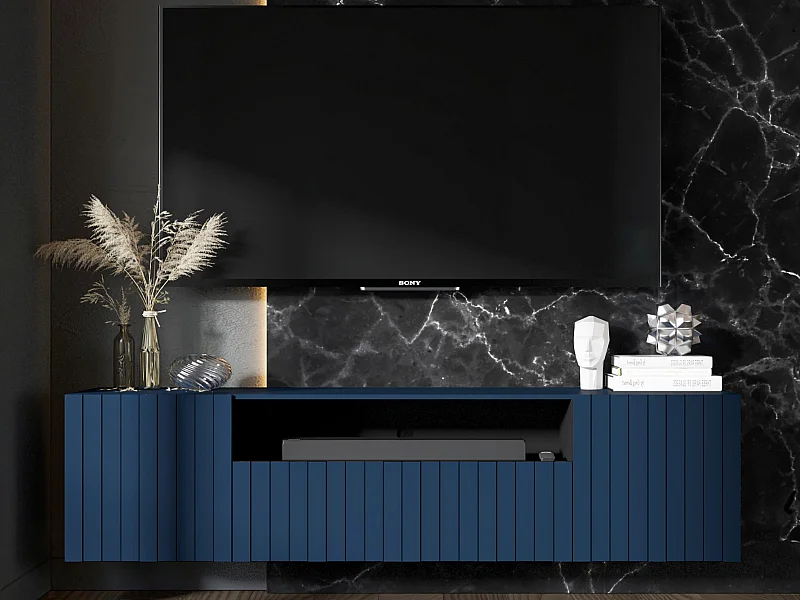 Meuble TV avec 3 portes et niche - Corps bleu marine mat, façades rainurées bleu marine mat - 150 cm
