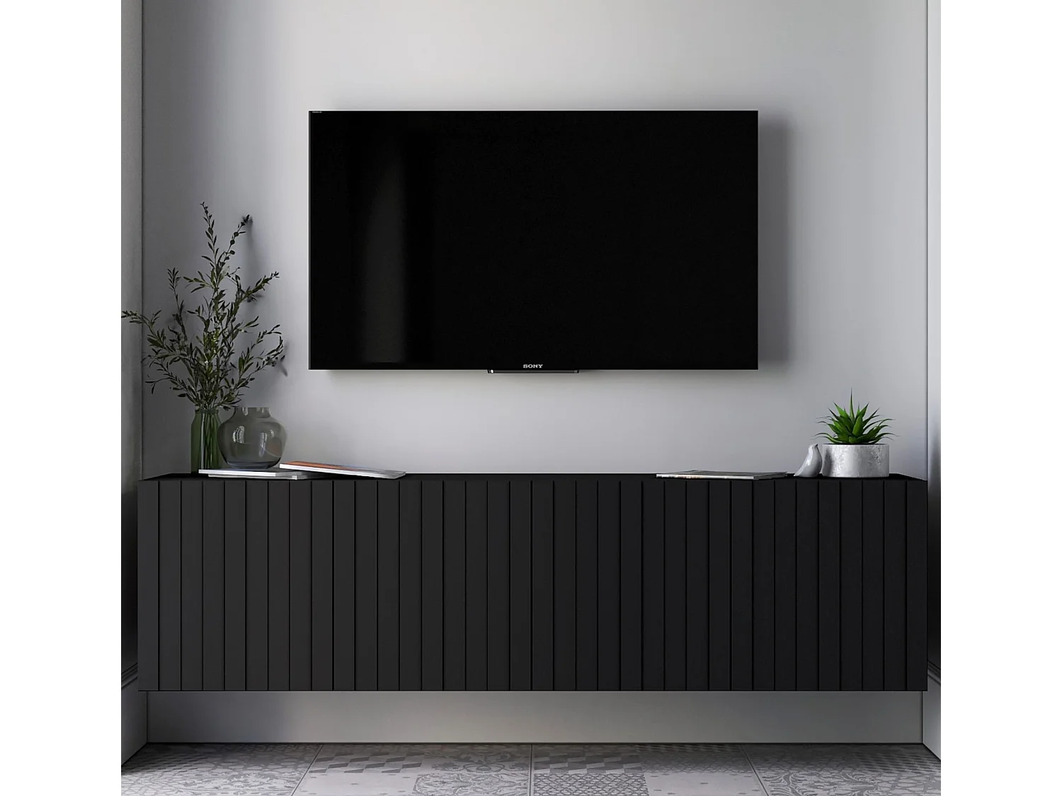 Meuble TV avec 4 portes - Corps noir mat, façades rainurées noir mat - 150 cm