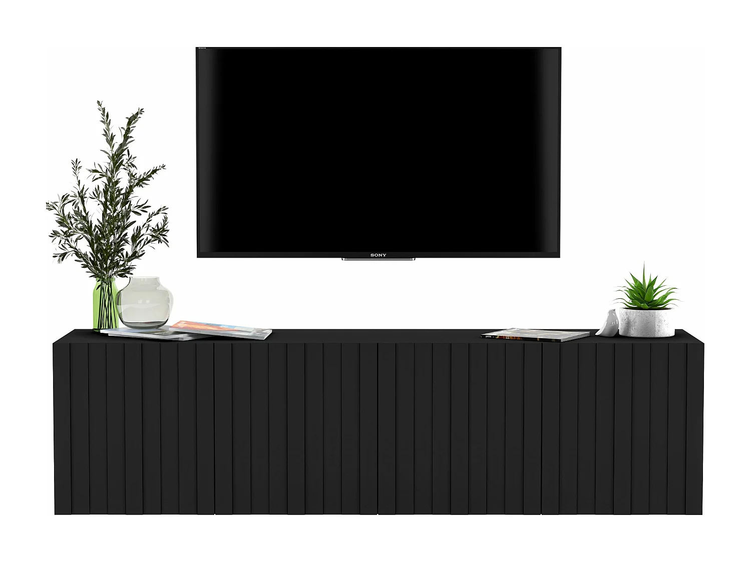 Meuble TV avec 4 portes - Corps noir mat, façades rainurées noir mat - 150 cm