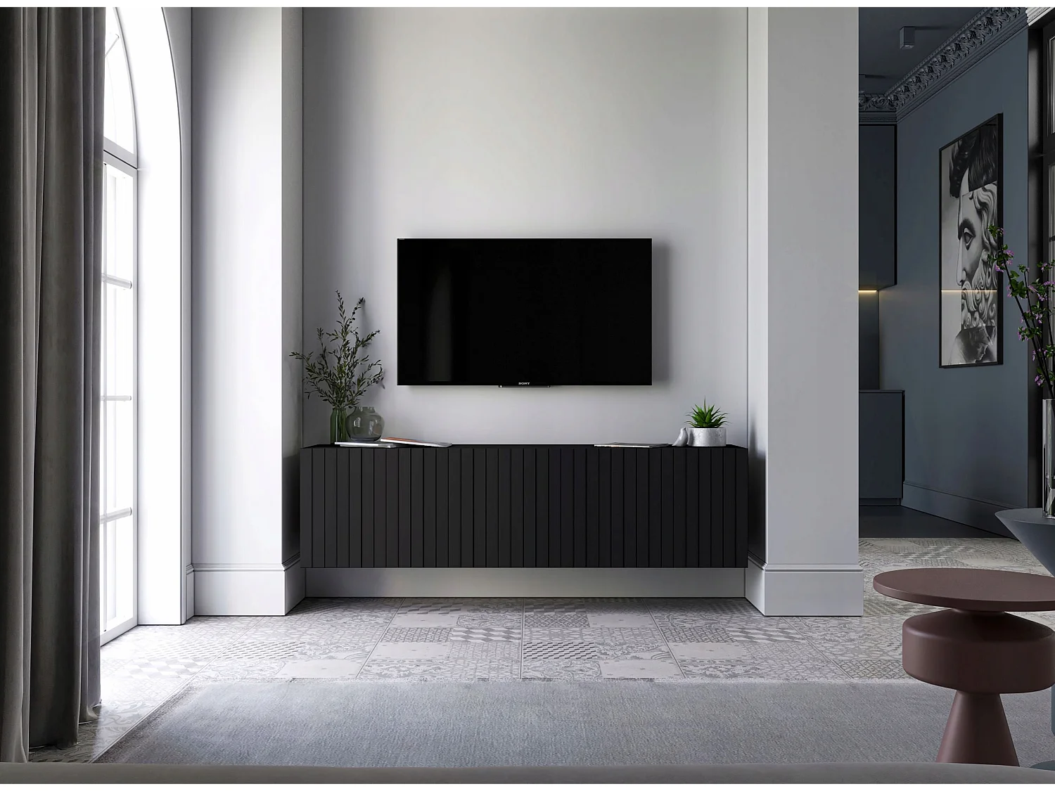 Meuble TV avec 4 portes - Corps noir mat, façades rainurées noir mat - 150 cm