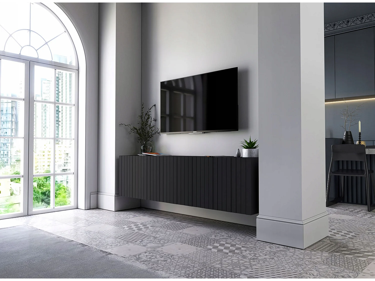 Meuble TV avec 4 portes - Corps noir mat, façades rainurées noir mat - 150 cm