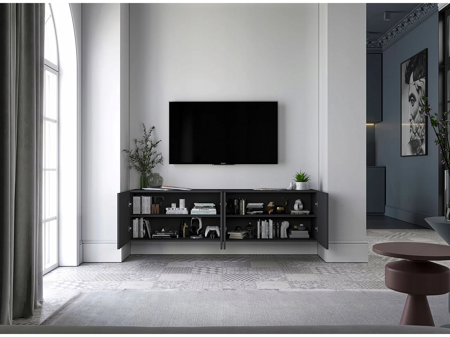 Meuble TV avec 4 portes - Corps noir mat, façades rainurées noir mat - 150 cm