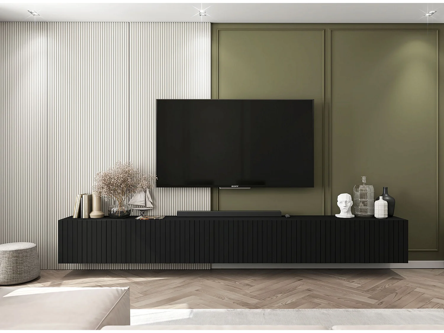 Meuble TV avec 4 portes - Corps noir mat, façades rainurées noir mat - 150 cm