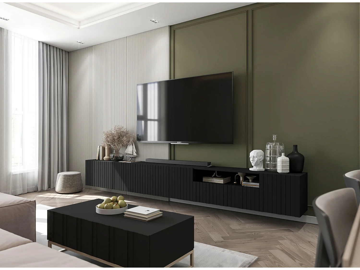 Meuble TV avec 4 portes - Corps noir mat, façades rainurées noir mat - 150 cm