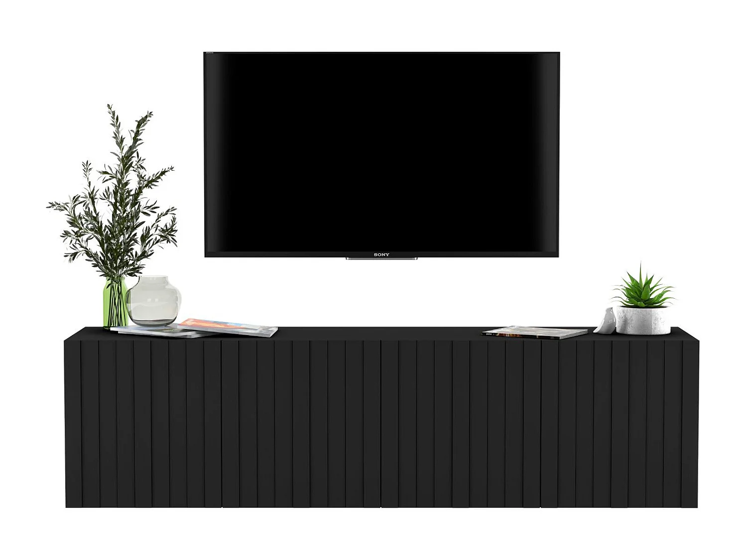 Mueble de TV con 4 puertas - Cuerpo negro mate, frentes ranurados negro mate - 150 cm