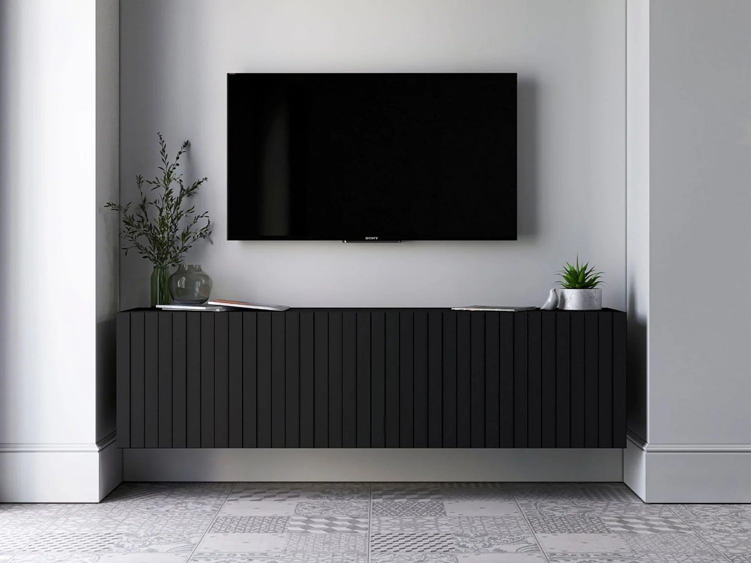 Mueble de TV con 4 puertas - Cuerpo negro mate, frentes ranurados negro mate - 150 cm