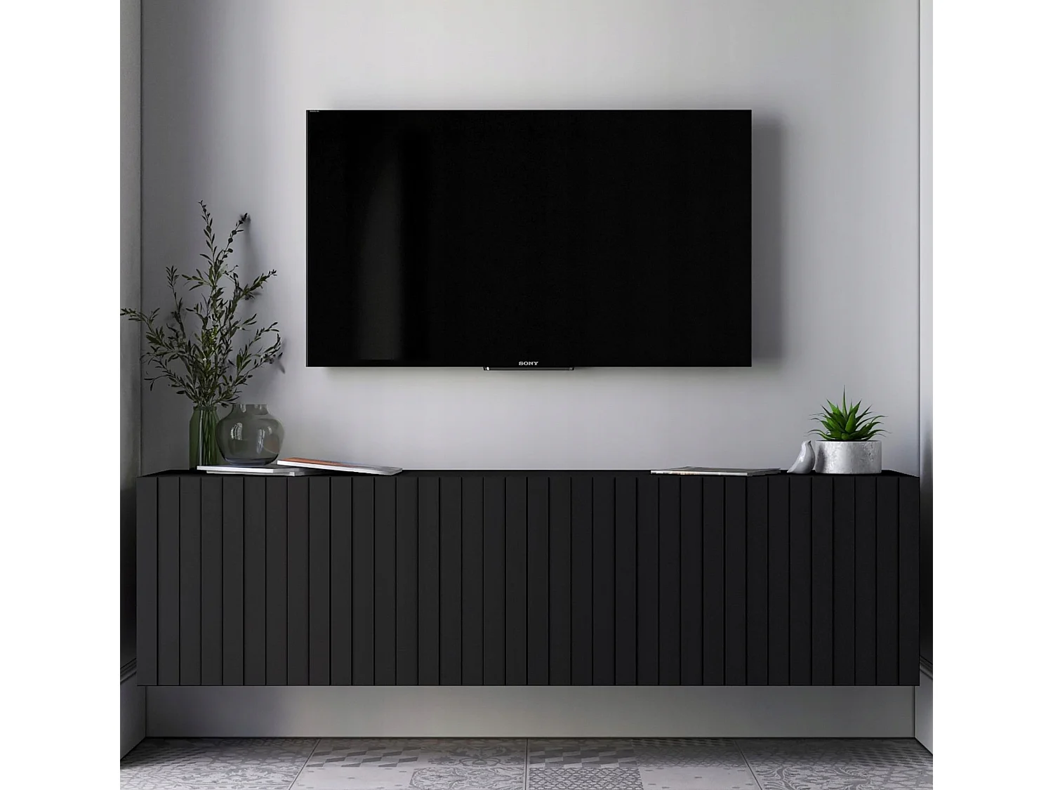 Mueble de TV con 4 puertas - Cuerpo negro mate, frentes ranurados negro mate - 150 cm