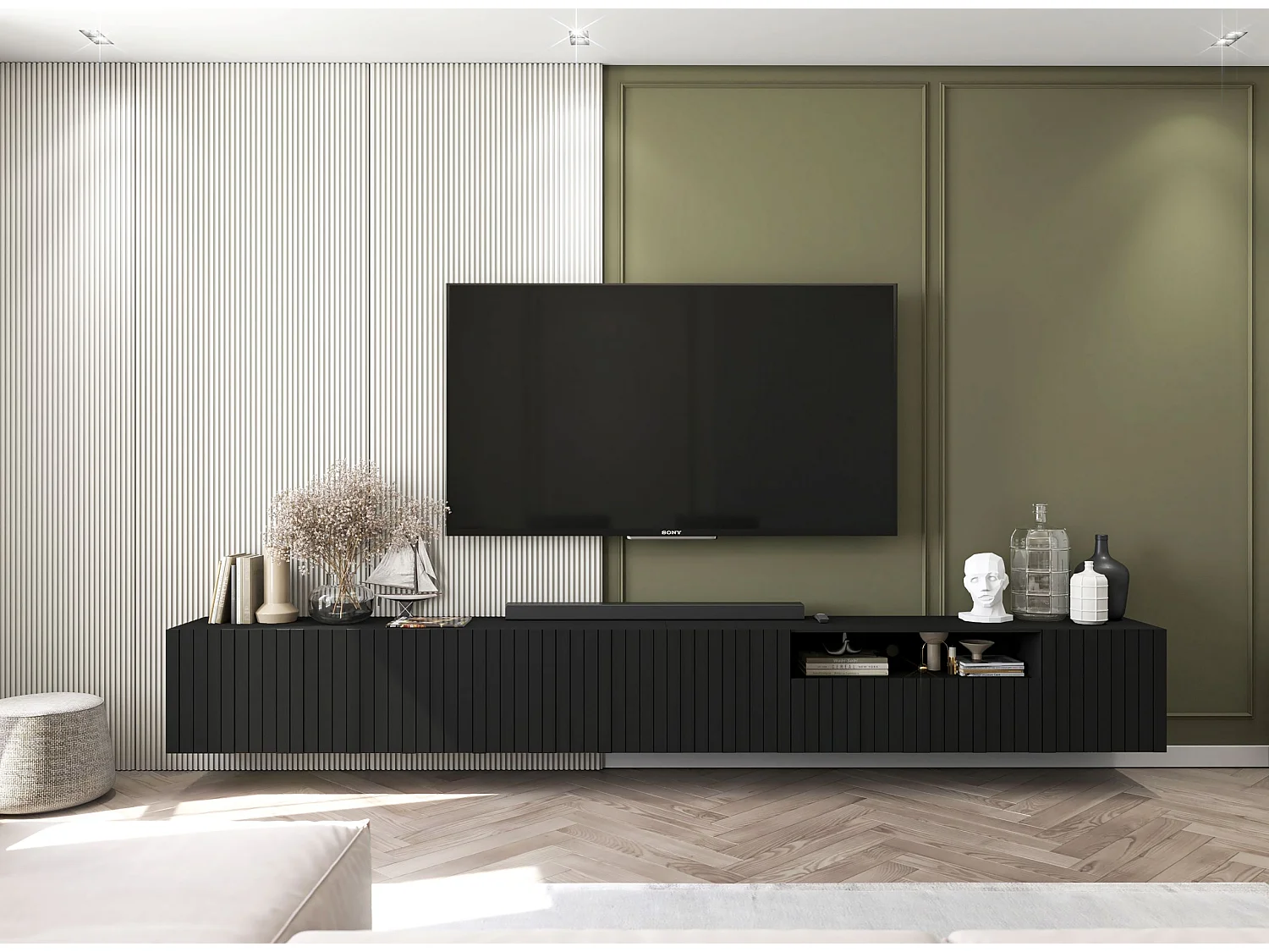 Mueble de TV con 4 puertas - Cuerpo negro mate, frentes ranurados negro mate - 150 cm