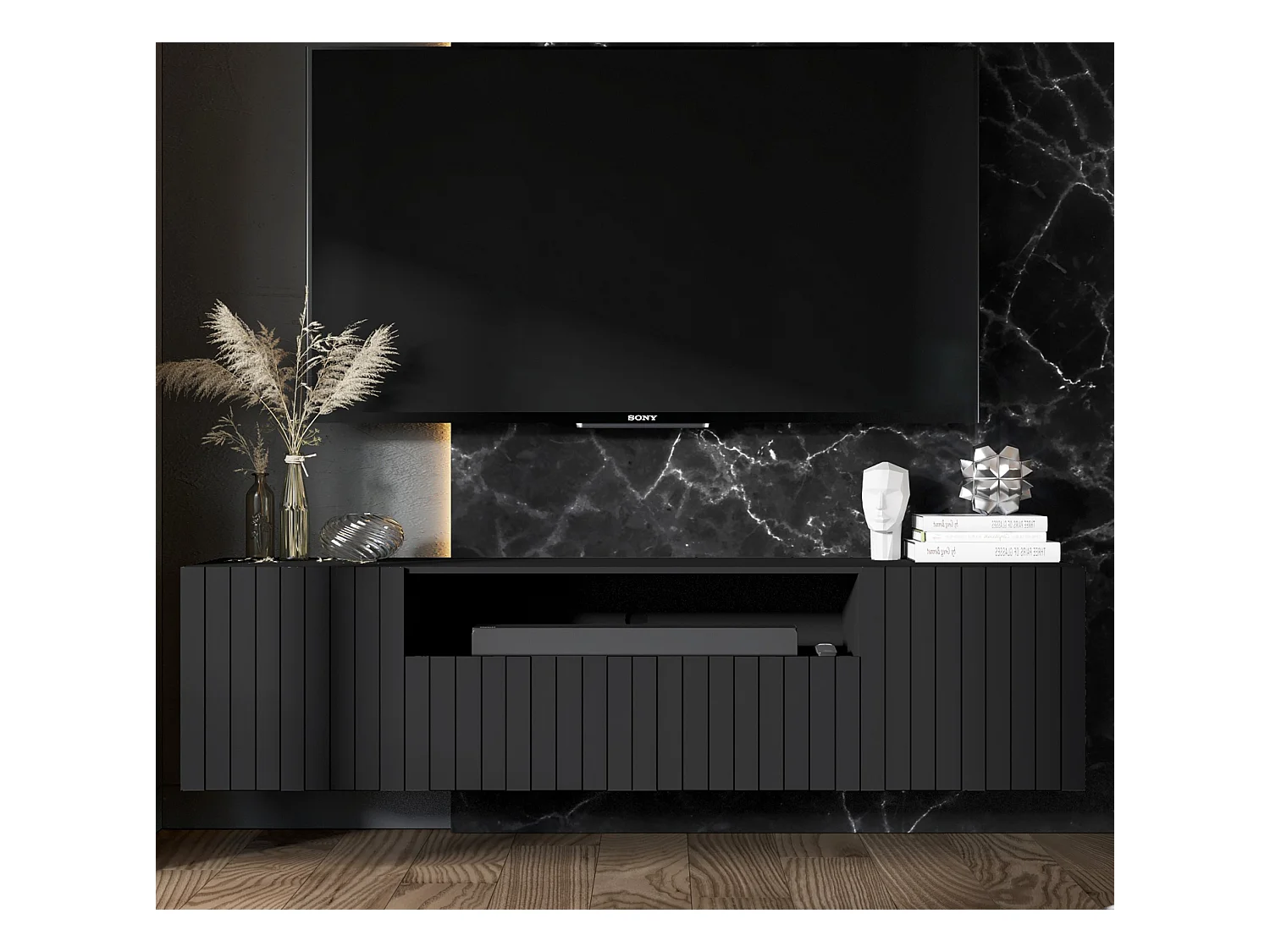 Meuble TV avec 3 portes et niche - Corps Noir mat, façades rainurées Noir mat - 150 cm