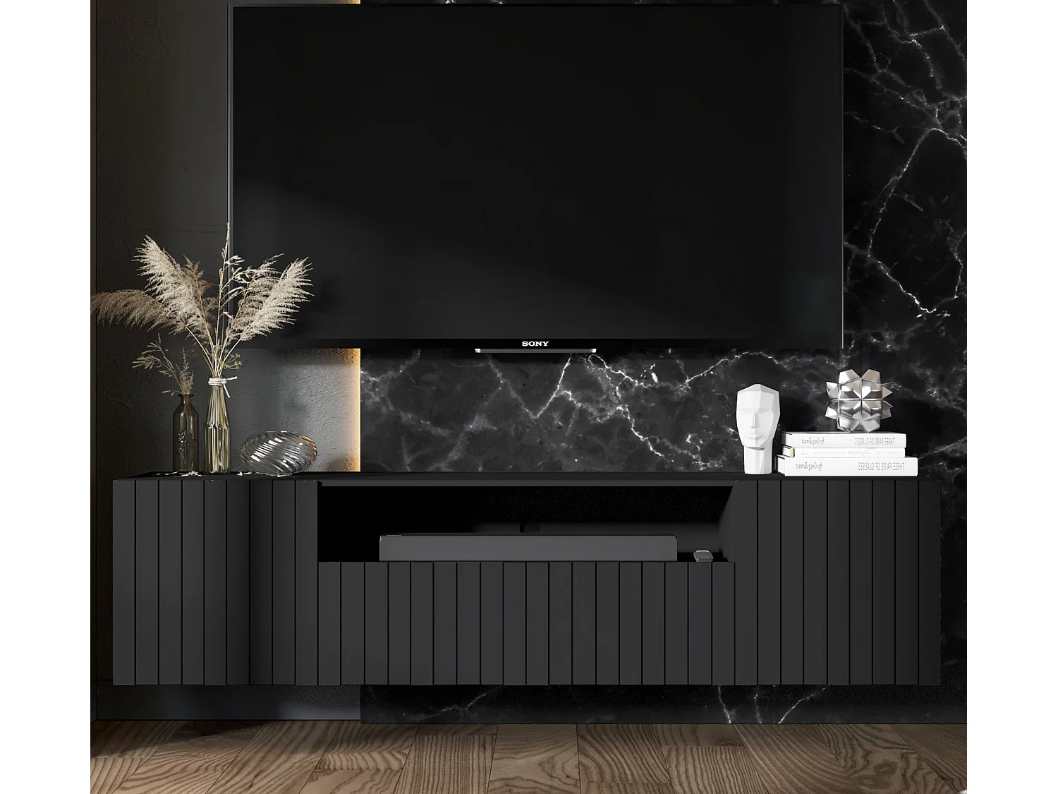 Meuble TV avec 3 portes et niche - Corps Noir mat, façades rainurées Noir mat - 150 cm