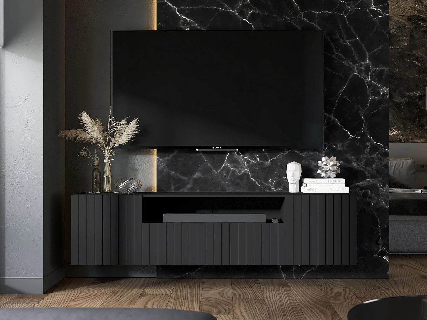 Meuble TV avec 3 portes et niche - Corps Noir mat, façades rainurées Noir mat - 150 cm