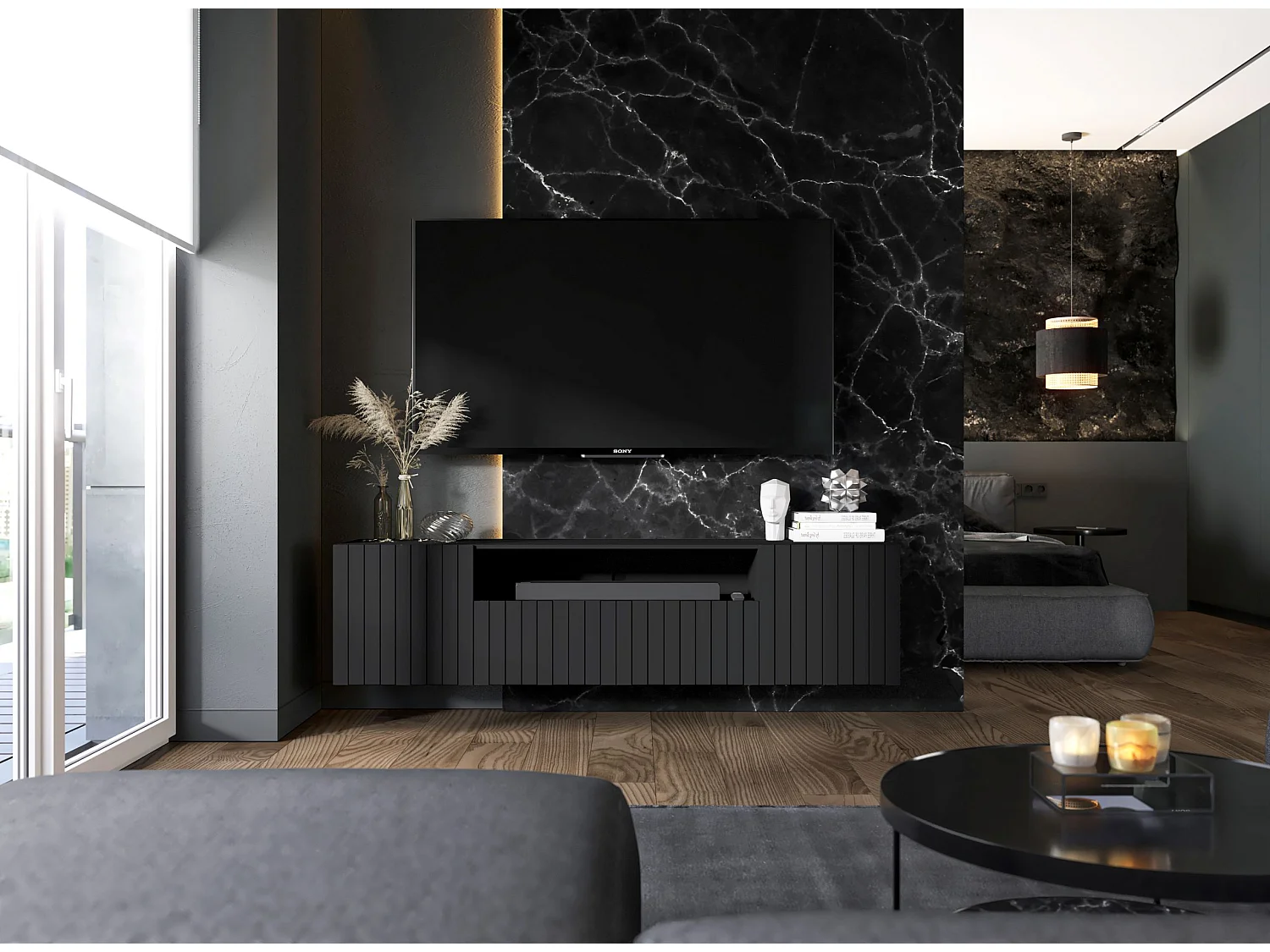 Meuble TV avec 3 portes et niche - Corps Noir mat, façades rainurées Noir mat - 150 cm