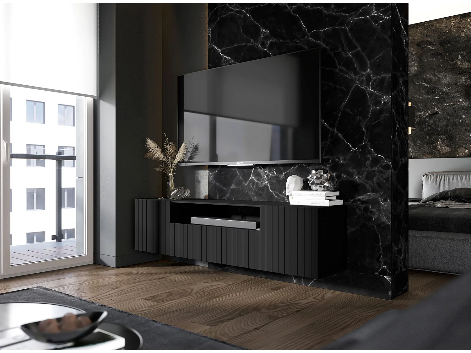 Meuble TV avec 3 portes et niche - Corps Noir mat, façades rainurées Noir mat - 150 cm