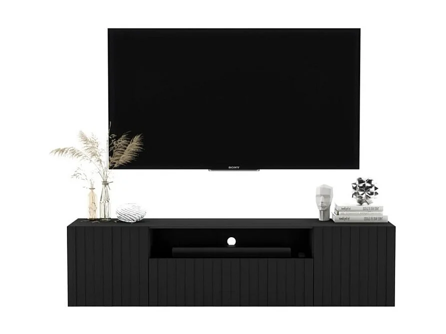 Meuble TV avec 3 portes et niche - Corps Noir mat, façades rainurées Noir mat - 150 cm