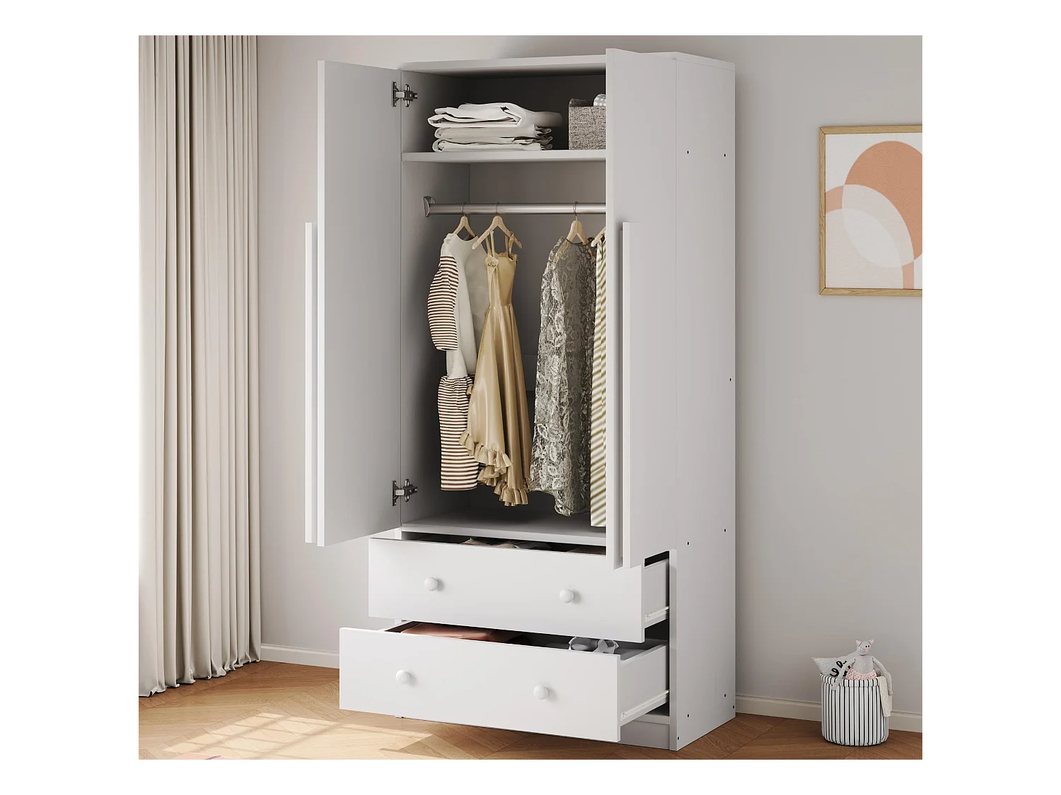Armoire 70x40x170 cm - 2 portes & 2 tiroirs avec compartiments - Blanc
