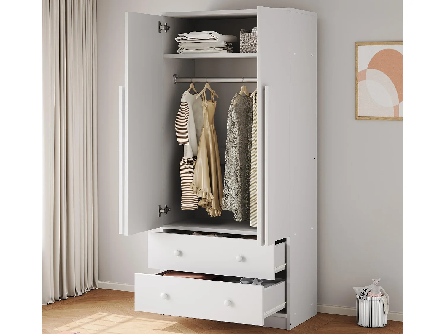 Kleiderschrank 70x40x170 cm - 2 Türen & 2 Schubladen mit Fächern - Weiß