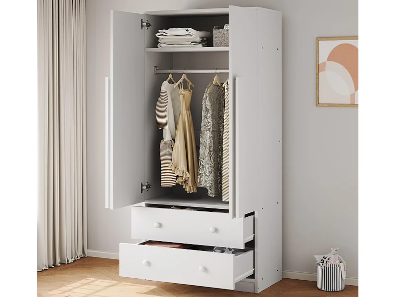 Kleiderschrank 70x40x170 cm - 2 Türen & 2 Schubladen mit Fächern - Weiß