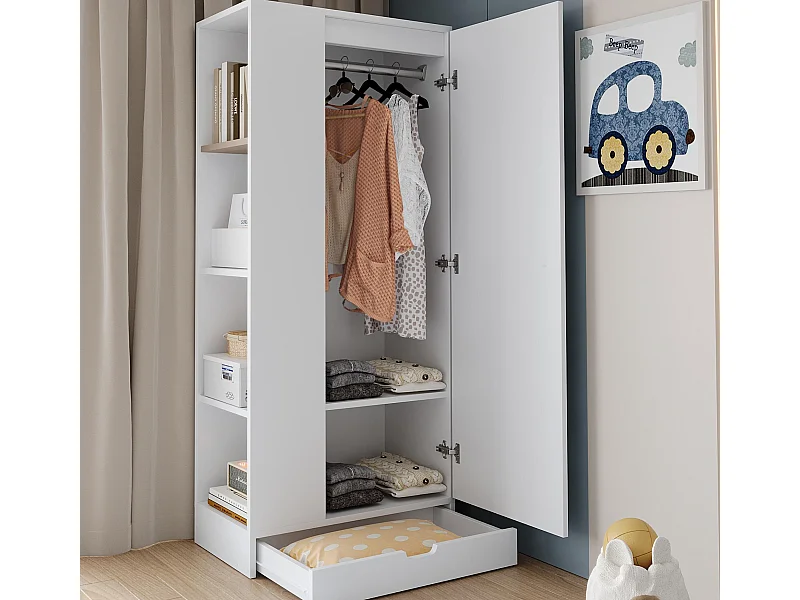 Kleiderschrank 70x40x170 cm - 1 Tür - mit Regalen - 1 Schublade - Weiß