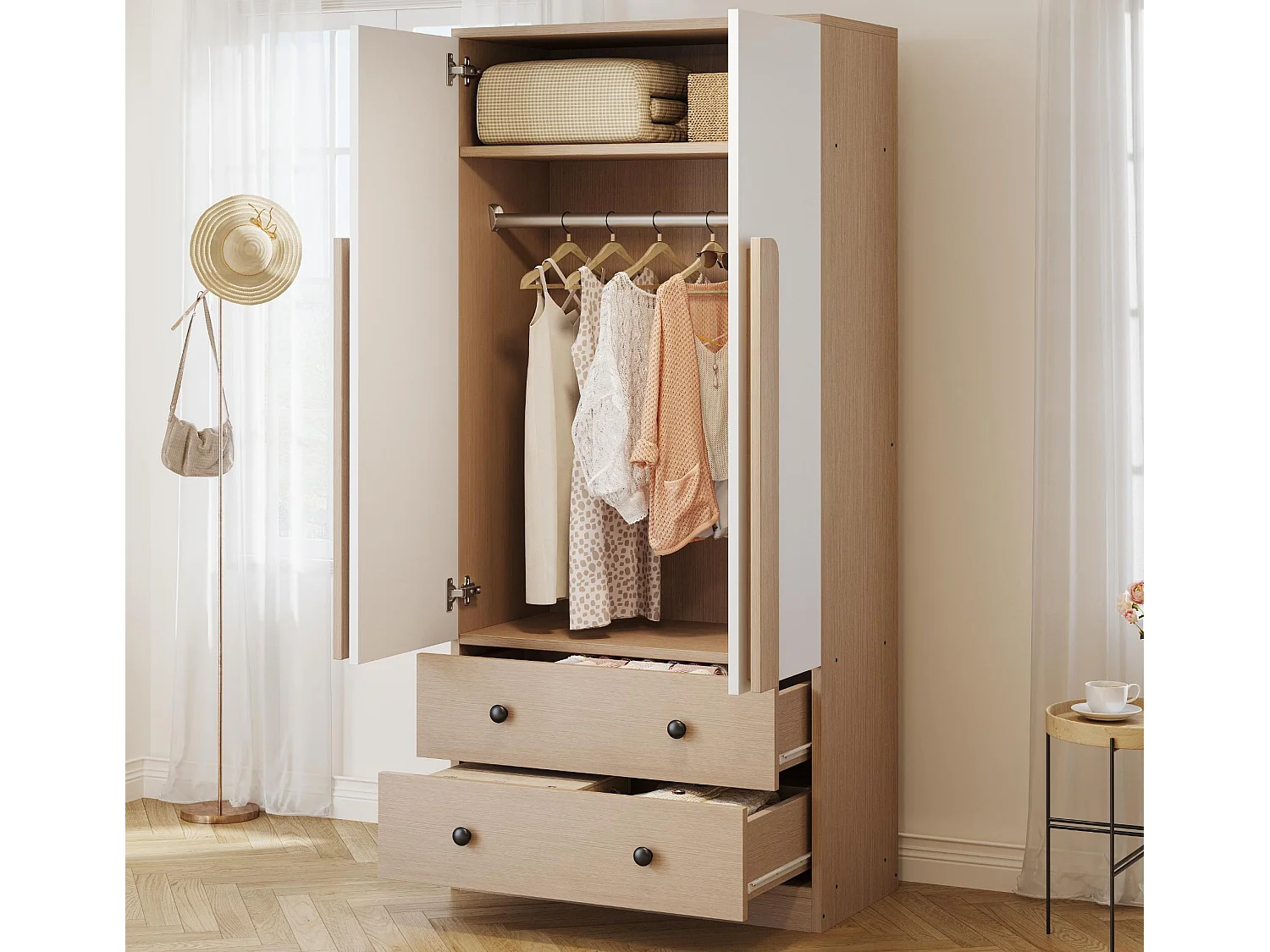 Kleiderschrank 70x40x170 cm - 2 Türen & 2 Schubladen mit Fächern - Natur