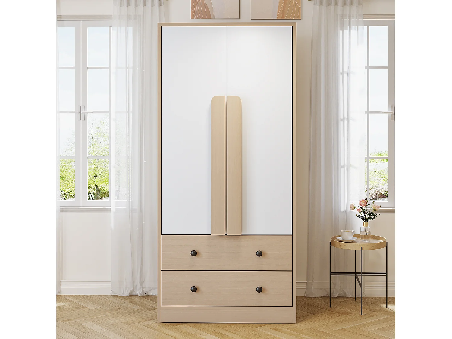 Kleiderschrank 70x40x170 cm - 2 Türen & 2 Schubladen mit Fächern - Natur